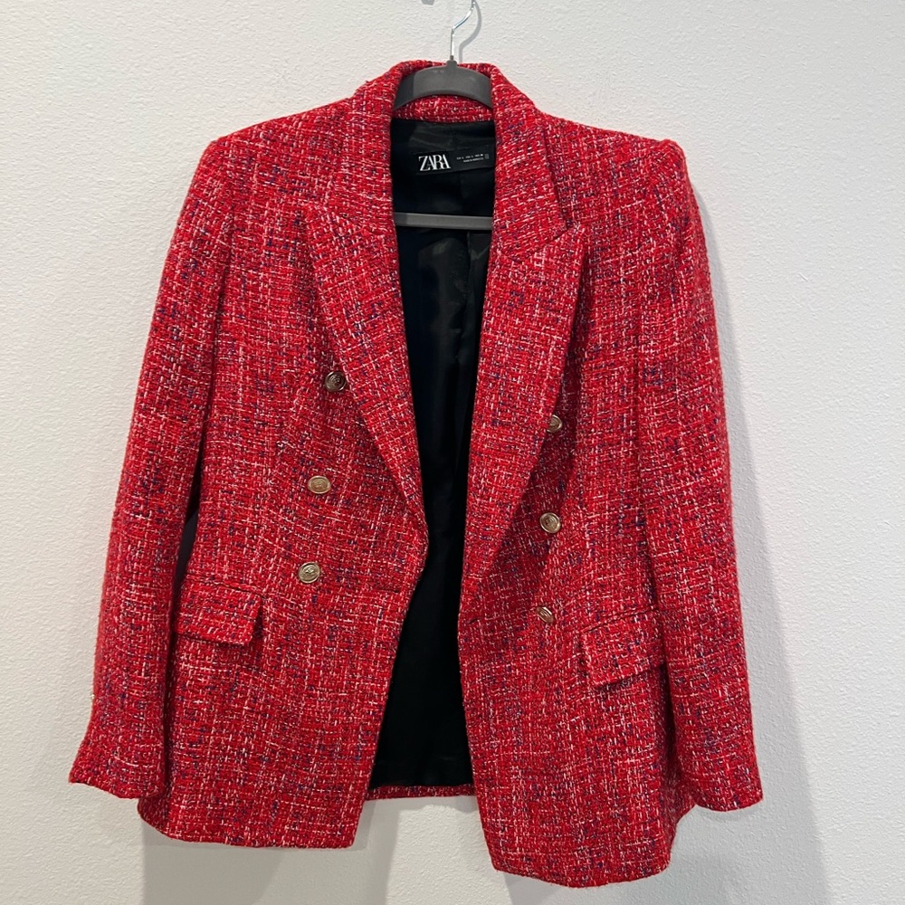Zara Women's Red Tweed Blazer with Gold Buttons